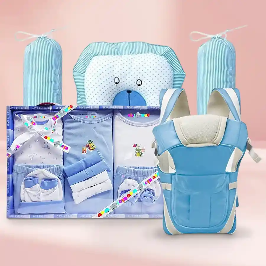 Exclusive Stylish Baby Essentials Gift Set with clothes, pillows, and a baby carrier in blue for new moms.