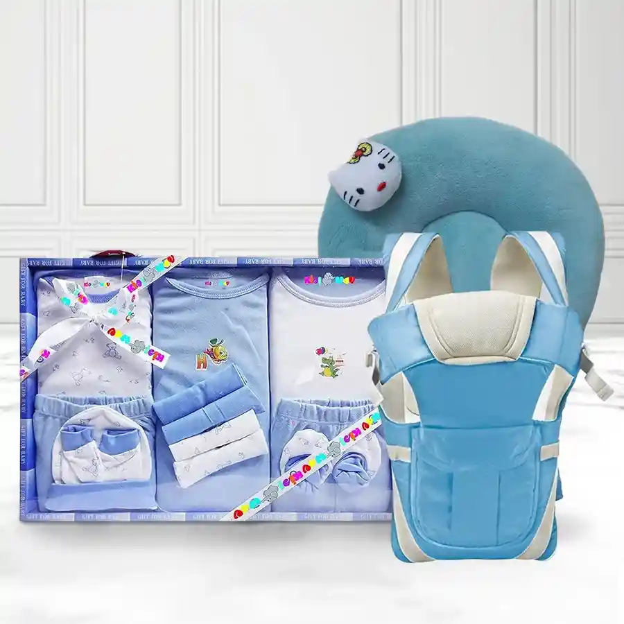 Adorable Newborn Care Gift Set featuring outfits, a neck support pillow, and a baby carrier in soothing colors. Perfect for new parents.