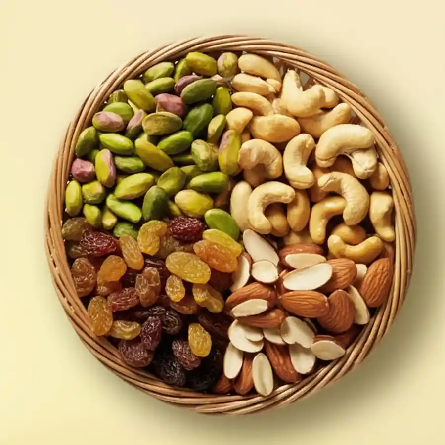 1 Kg pack of mixed dry fruits including pistachio, raisin, cashew, and almond, perfect for gifting and healthy snacking.