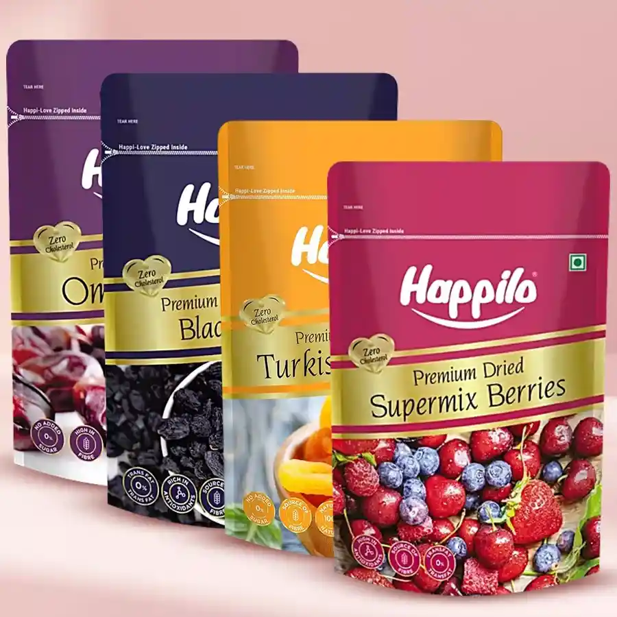 Delightful Dried Fruit Gift Box from Happilo featuring Omani dates, Turkish apricots, super mix berries, and Afghani black raisins.