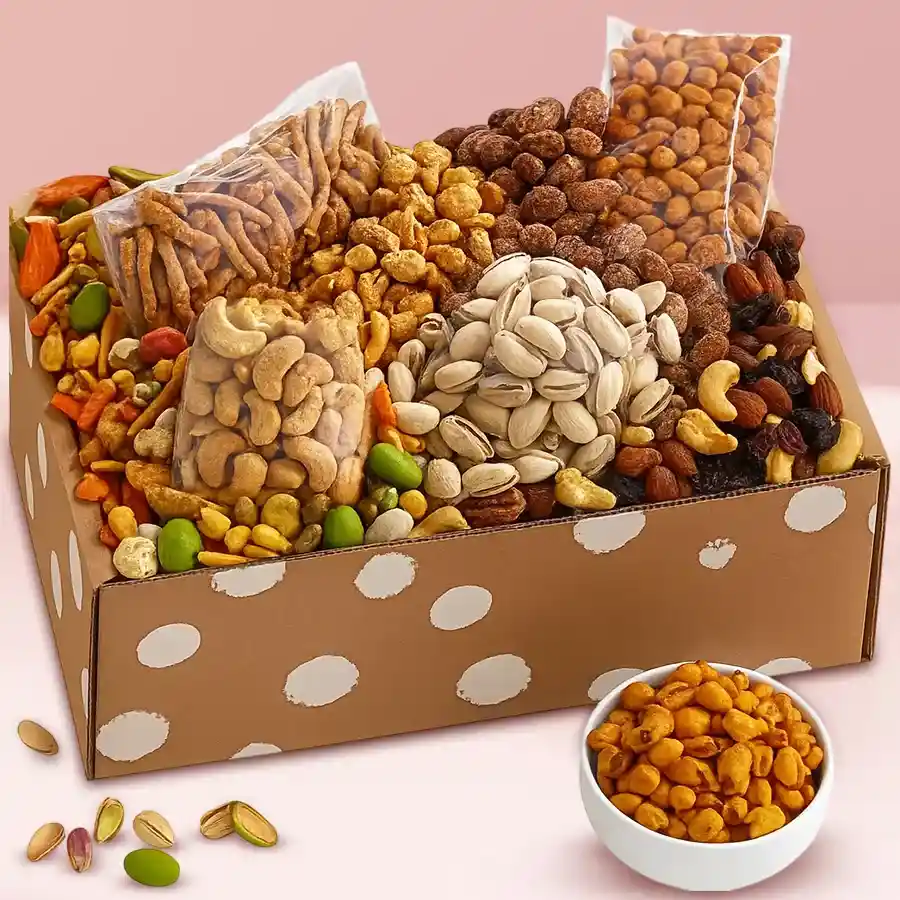 Delightful Dried Fruits Gift Box with assorted snacks and treats.