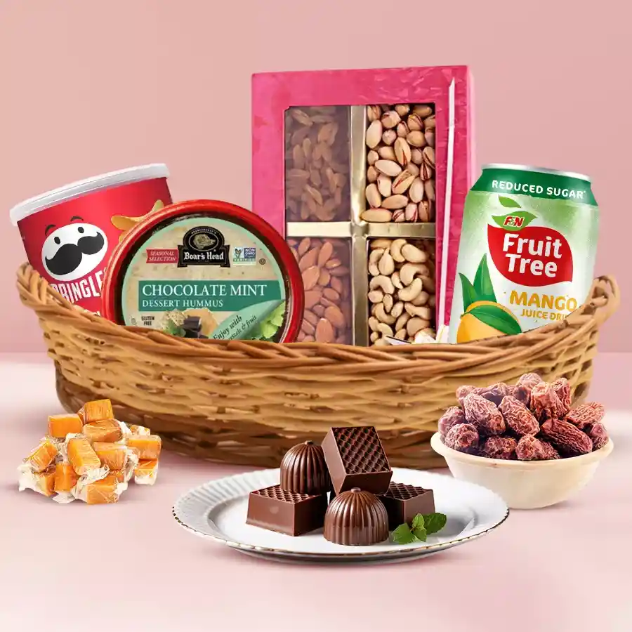 Delightful Dry Fruits Gift Basket filled with assorted nuts, chocolates, and snacks, perfect for gifting on special occasions.