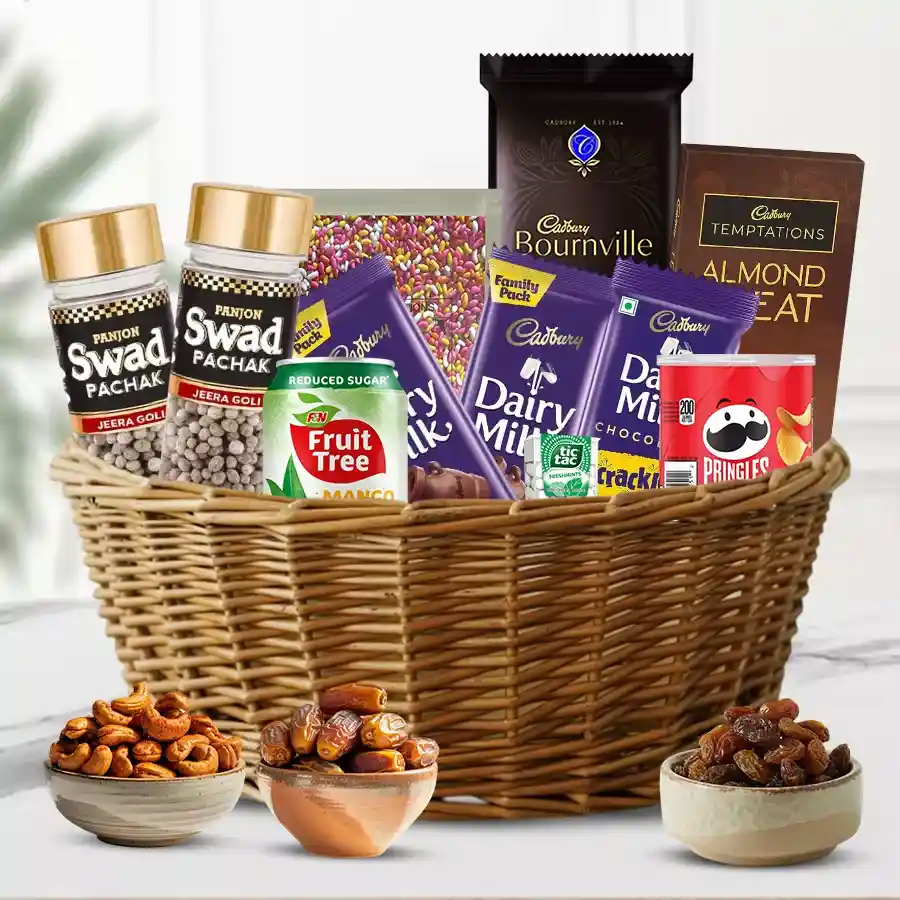 Delectable Gourmet Gift Basket filled with chocolates, snacks, and treats, perfect for gifting.