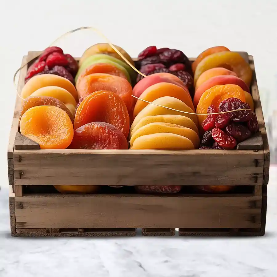 Delightful Dried Fruit Gift Box with premium dried apricots and strawberries in a reusable wooden box.