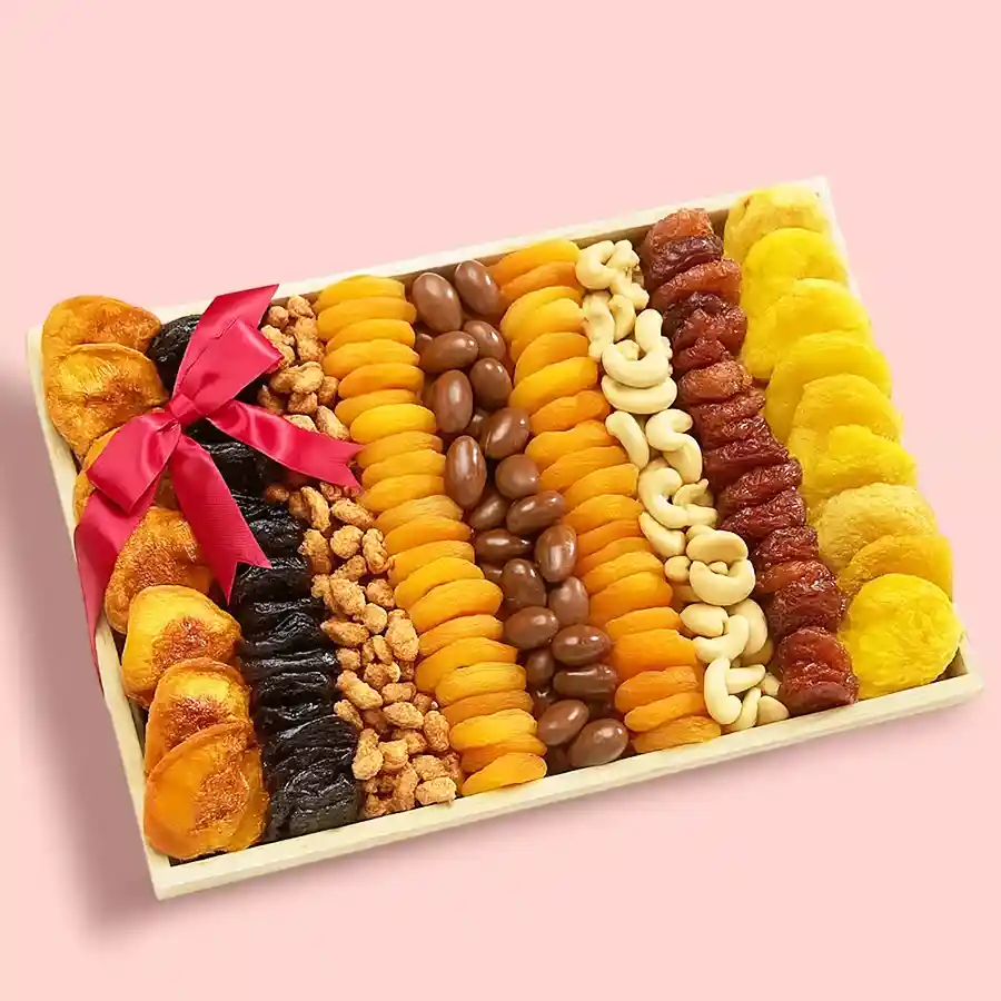 Nutty Indulgence Gift Tray featuring assorted nuts and dried fruits in a reusable wooden tray. Perfect for nut lovers and snack enthusiasts.