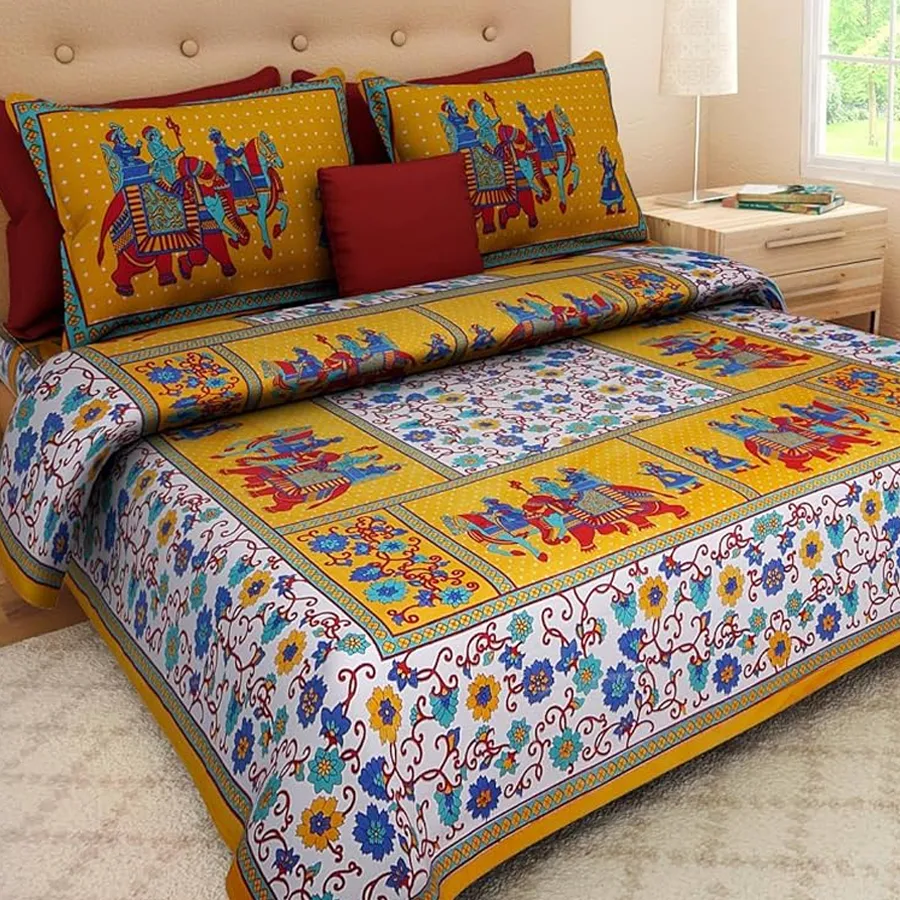 Rajasthani Floral King Bedset with yellow cotton bedsheet and pillow covers.