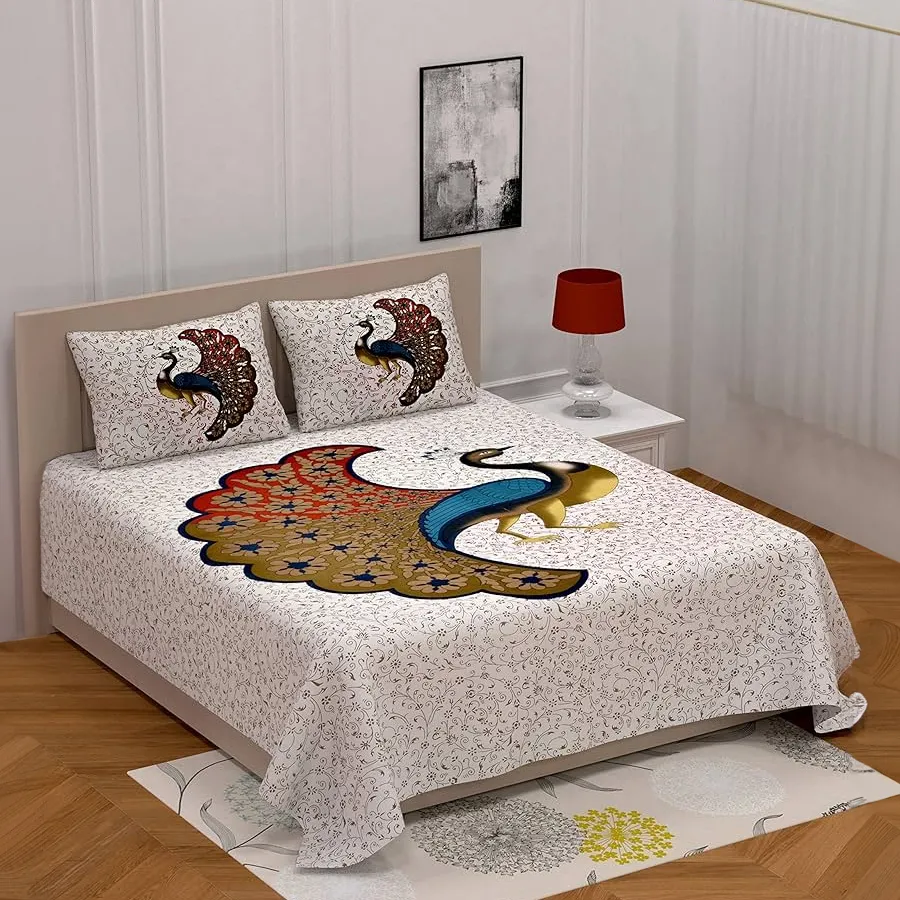 Vibrant Jaipuri Print Double Bed Sheet Set with Pillow Covers, showcasing intricate floral patterns in multicolors, perfect for stylish bedroom decor.