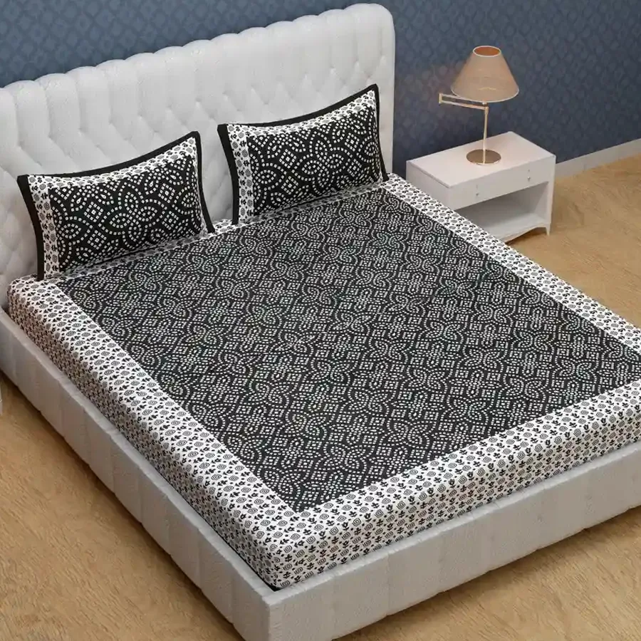 Rajasthani Print Double Bed Sheet and Pillow Cover Set in black and white floral design.