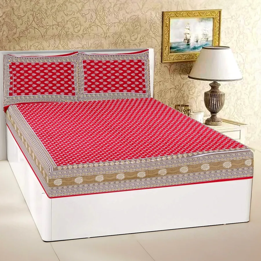 Rajasthani Traditional Print Double Bed Sheet and Pillow Cover set in vibrant red, made from 100% cotton, perfect for adding cultural elegance to your bedroom.
