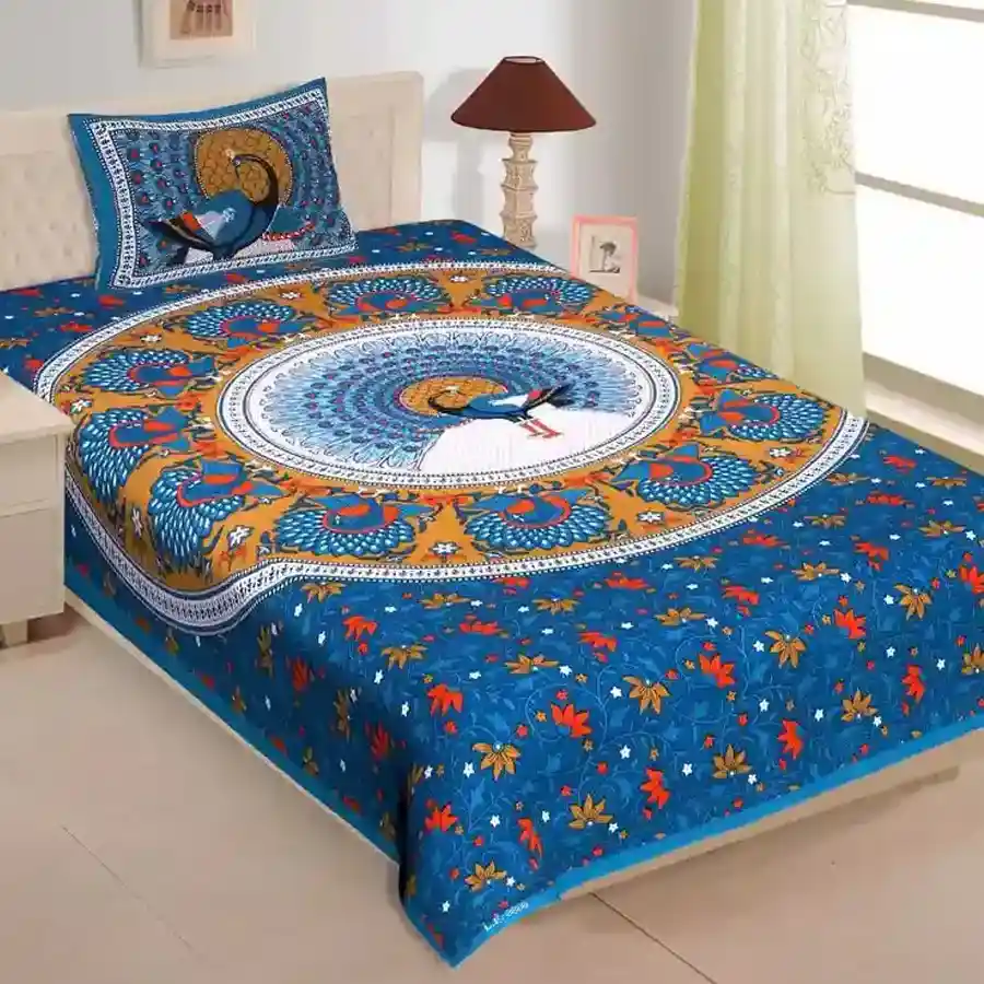 Charming Floral Bed Sheet Set featuring a single bed sheet and pillow cover in green cotton with traditional print.