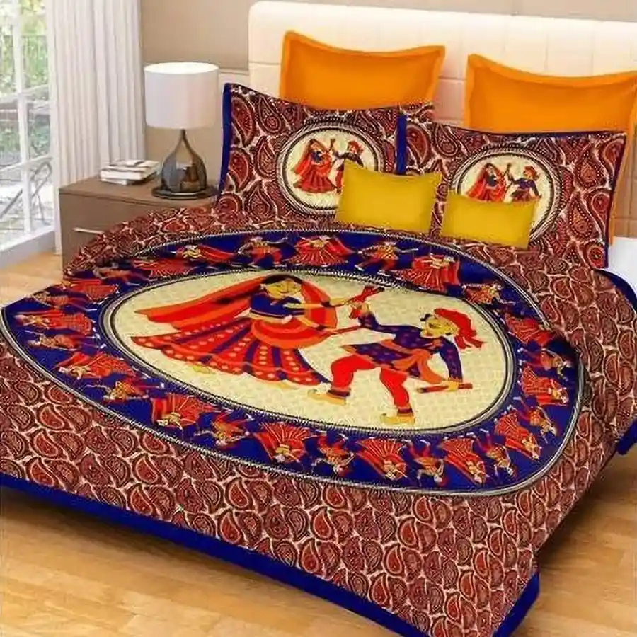 Jaipuri Print Double Bed Sheet Set featuring a blue design with 2 matching pillow covers.