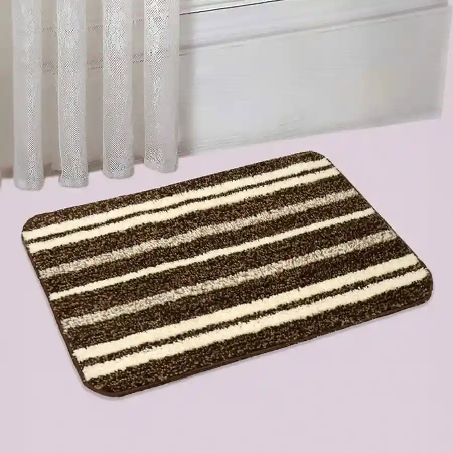 Elegant Striped Microfibre Bath Mat in brown, available in rectangular and round shapes. Safe, washable, and stylish for your bathroom.