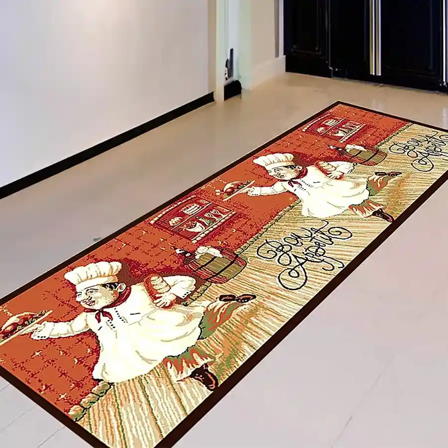 Stylish red kitchen runner mat with anti-skid latex backing, made of nylon, measuring 22 x 55 cm. Perfect for adding color and safety to your kitchen.