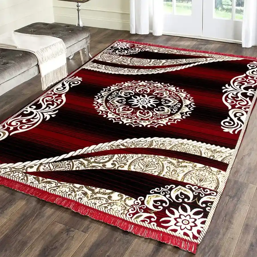 Elegant maroon round printed carpet, 3' x 5', made of nylon and machine washable.