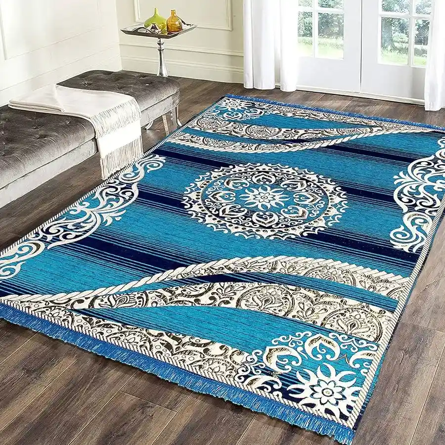 Sky Blue Floral Printed Carpet featuring a vibrant design, perfect for enhancing any room's aesthetic.