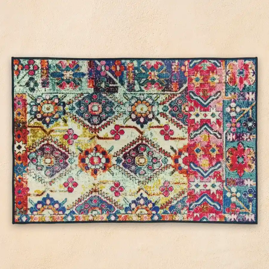 Elegant 3D Printed Vintage Persian Carpet Rug Runner in multicolors, 4 x 6 ft, with antiskid feature and hooked weave.