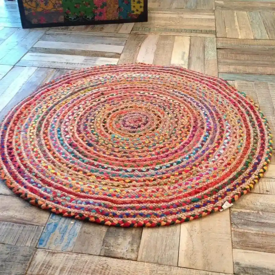 Set of two colorful round abstract rugs made of cotton with antiskid feature, perfect for home decor.