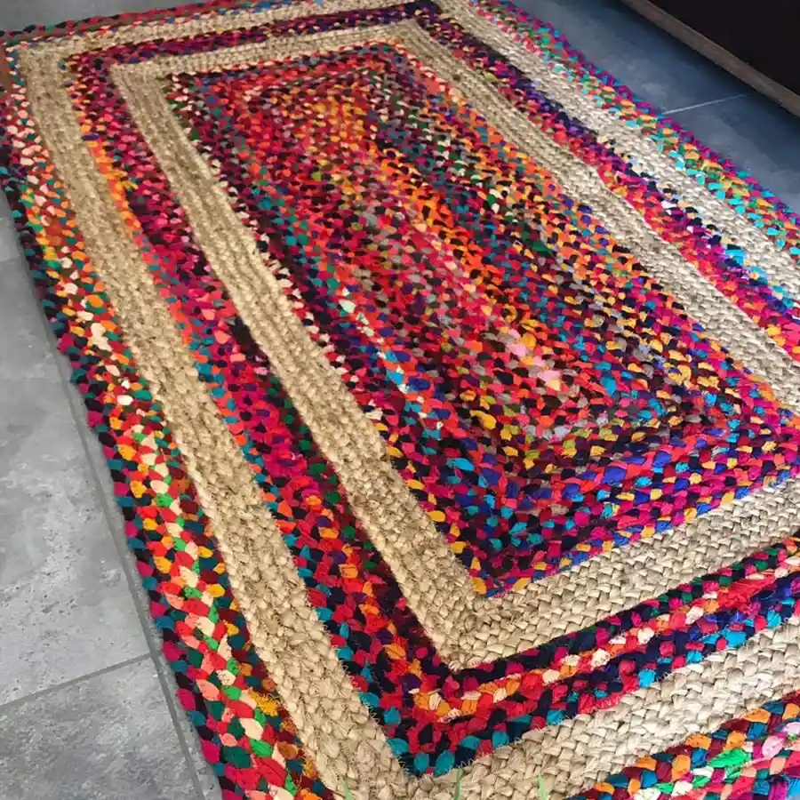 Colorful Jute Cotton Rug, 3 x 5 ft, braided cotton fabric, multicolored design.
