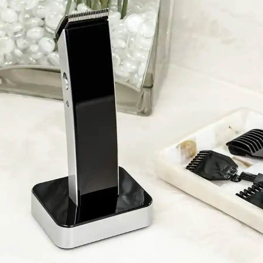 Image of the Skin Friendly Men's Nova Trimmer showcasing its sleek design and features like ium coated blades and LED indicator.