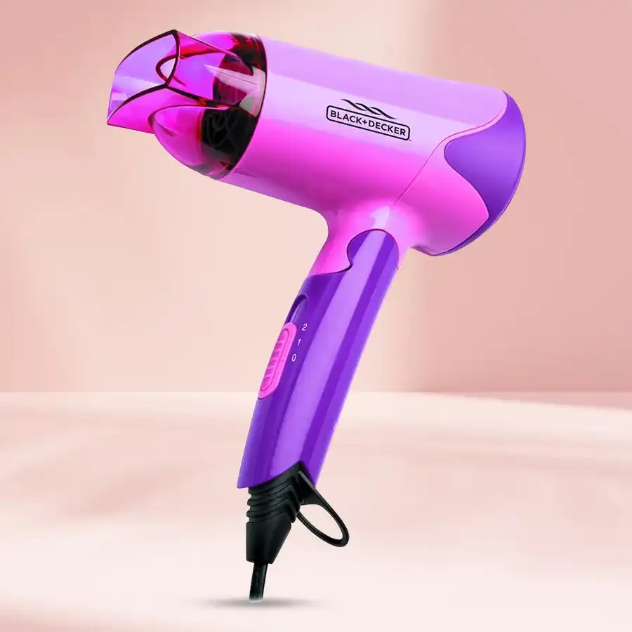 Black & Decker Women's Hair Dryer featuring dual voltage, foldable handle, and tangle-free cord for effortless styling.