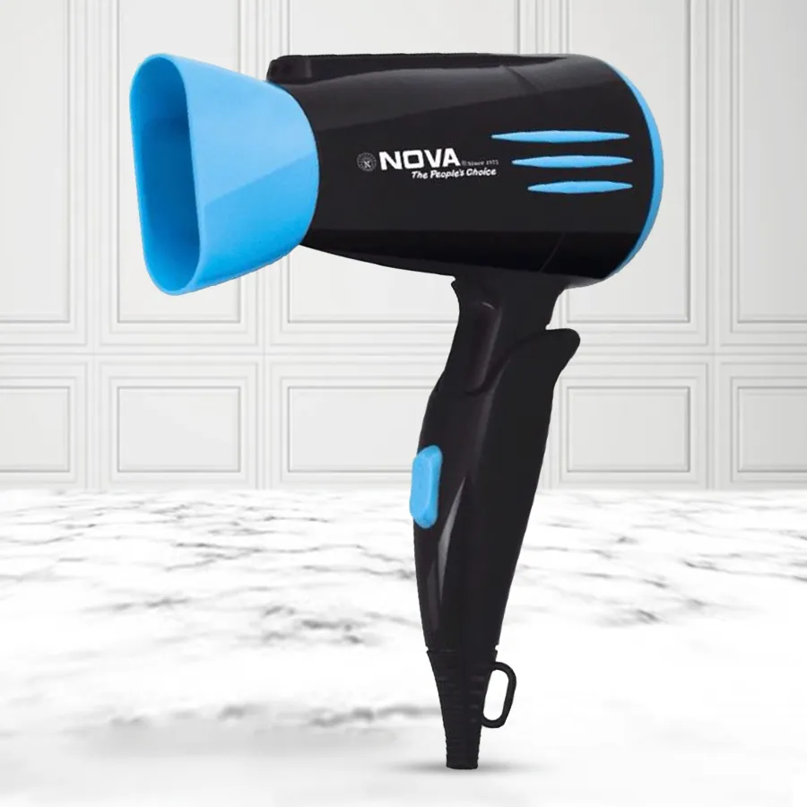Nova Women's Hair Dryer with 1800 Watts, featuring flexible speed, hot and warm settings, and a foldable handle. Perfect for quick styling!