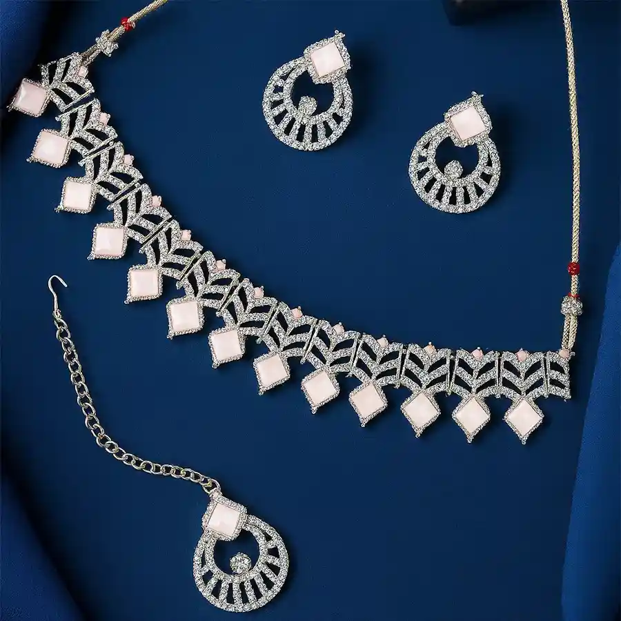 Pink AD Stones Choker Set featuring necklace, earrings, and Maang Tikka in rose gold, showcasing elegance and charm.