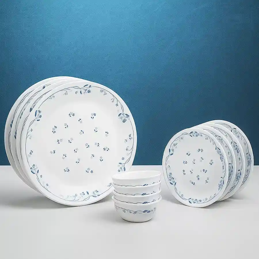 Elegant Corelle Blue & White Dinner Set featuring 12 pieces in a charming design, perfect for heartfelt gifting and elegant dining.