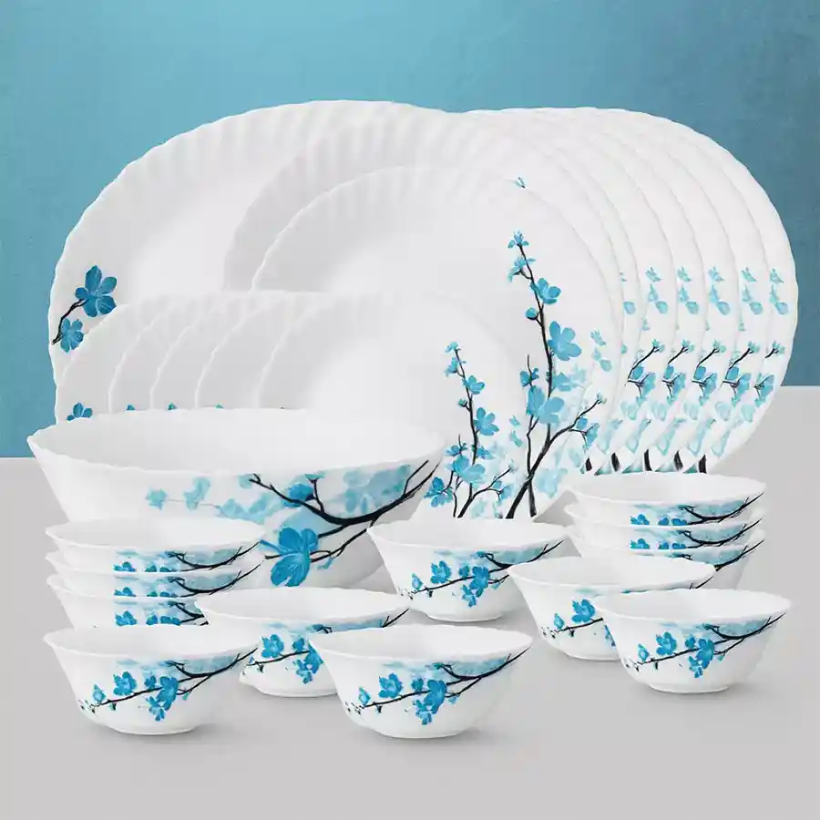 27-piece Larah by Borosil Mimosa Opalware Dinner Set in white, including plates and bowls, perfect for elegant dining experiences.