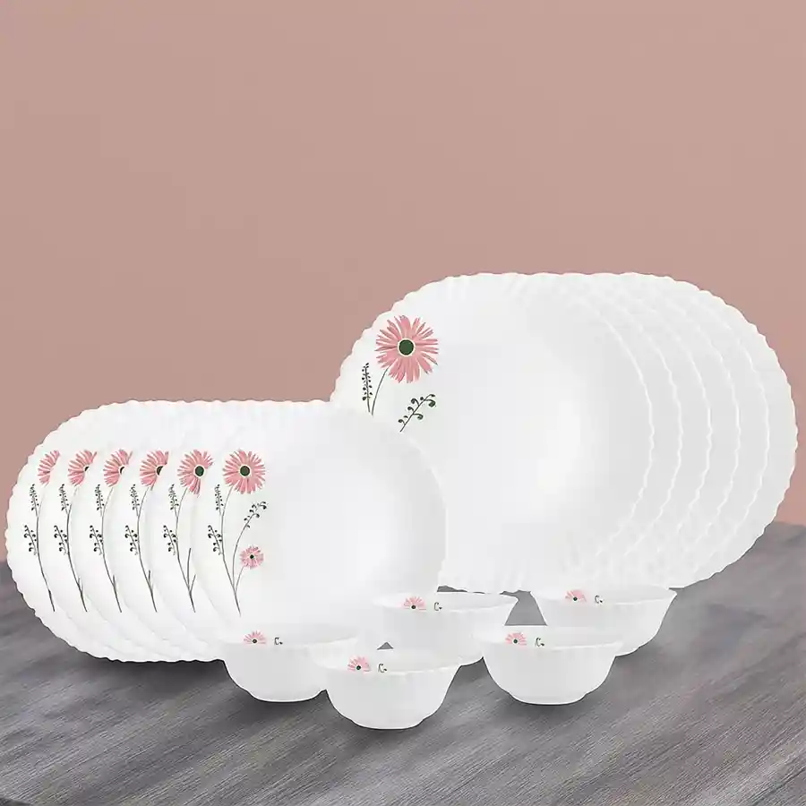 Charming Cello Opalware Pink Lilac n White Dinner Set featuring 18 pieces, perfect for elegant dining and gifting.