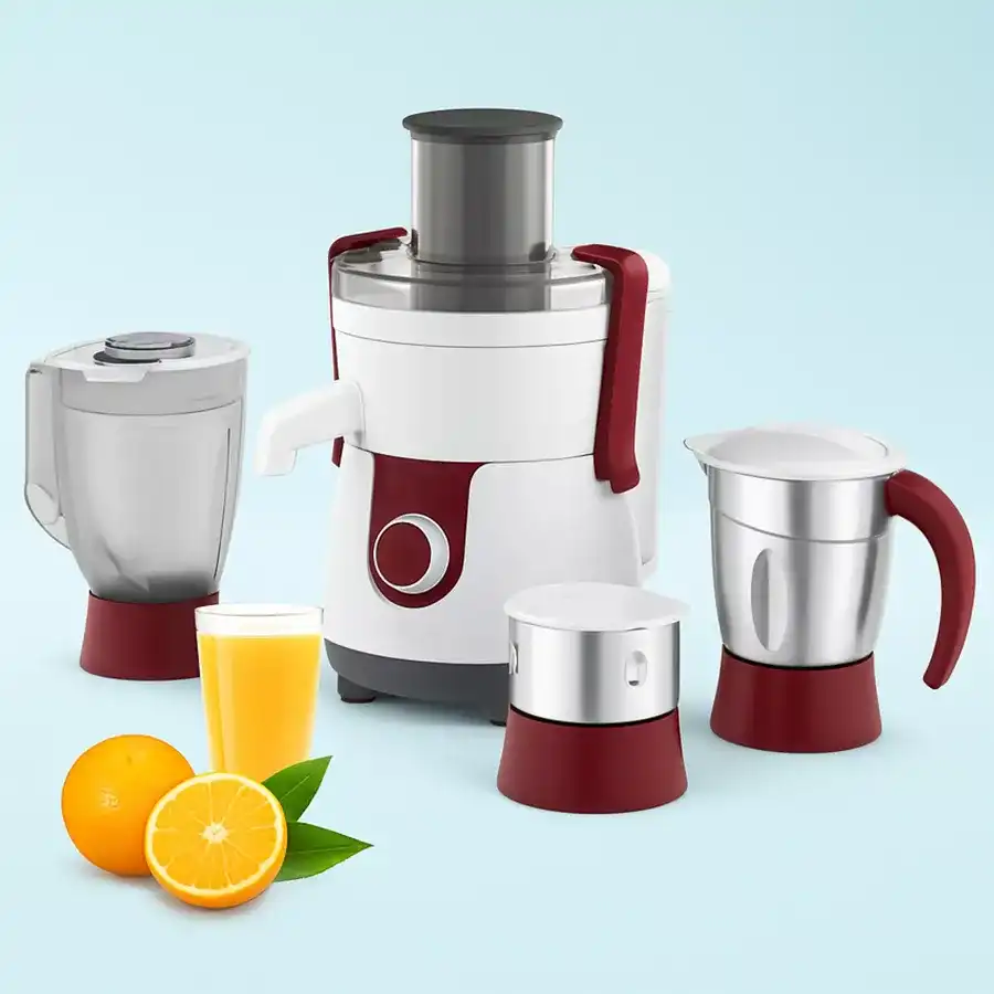 Red Philips Juicer Mixer Grinder with three jars and lids, showcasing its sleek design and features for blending, grinding, and juicing.
