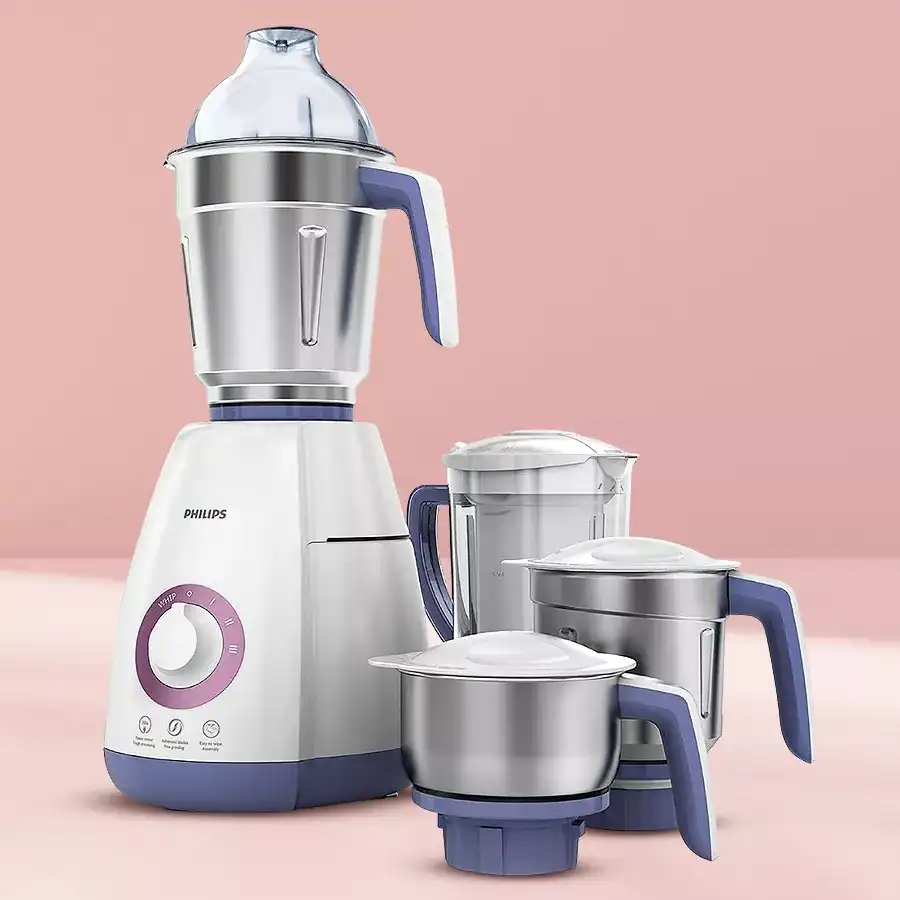Philips 4 Jars Mixer Grinder in Lavender and White, featuring multiple jars and sleek design, ideal for versatile cooking needs.