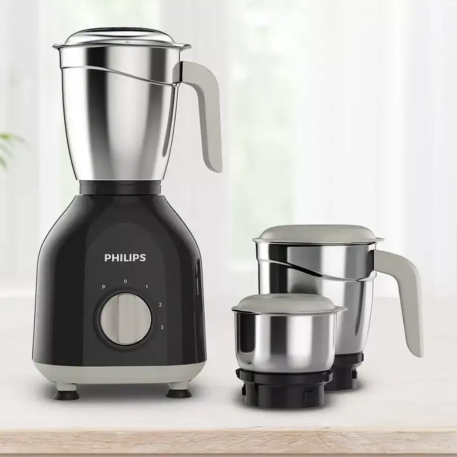 Philips Mixer Grinder in Black with three jars and stainless steel blades, perfect for kitchen blending and grinding tasks.