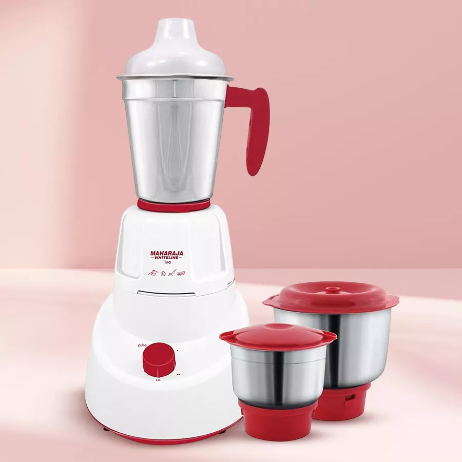 Elegant Red Mixer Grinder Set by Maharaja Whiteline with three jars and 500W motor, perfect for enhancing your kitchen experience.