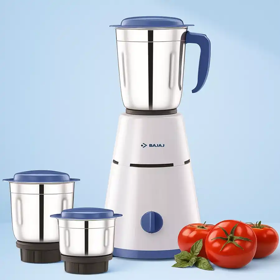 Bajaj 3 Jar Mixer Grinder in white with 2 in 1 Function Blade, ideal for blending and grinding in the kitchen.