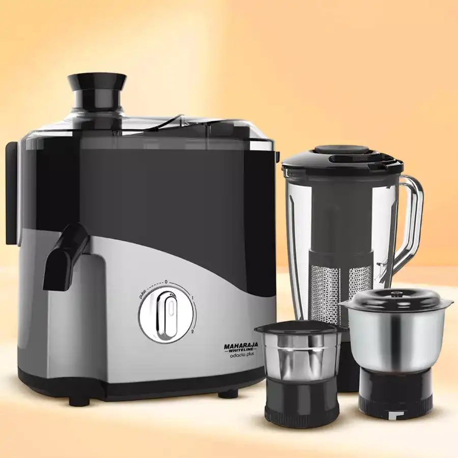 Maharaja Whiteline 3 Jars Juicer Mixer Grinder in Black n Silver, featuring three versatile jars and stainless steel blades for all your kitchen needs.