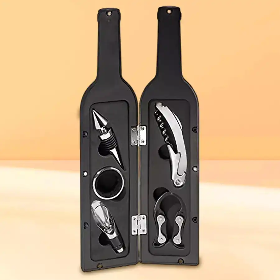 Stylish 5-piece wine accessory kit featuring a pourer, stopper, foil cutter, drip ring, and corkscrew in a bottle-shaped design.