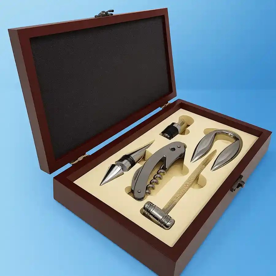 Elegant 5 Pc Wine Accessory Set featuring essential tools for wine lovers, including a pourer, corkscrew, opener, foil cutter, and thermometer.