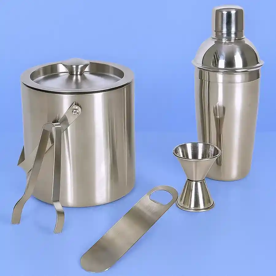 Stylish 5-piece beginners bar set including ice bucket, shaker, and more. Perfect for cocktail enthusiasts and entertaining at home.