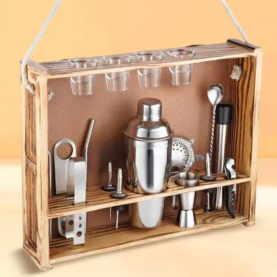 Rustic 19-piece bar tool set with a wooden stand, showcasing cocktail shaker, jigger, muddler, and more, perfect for home bartending.