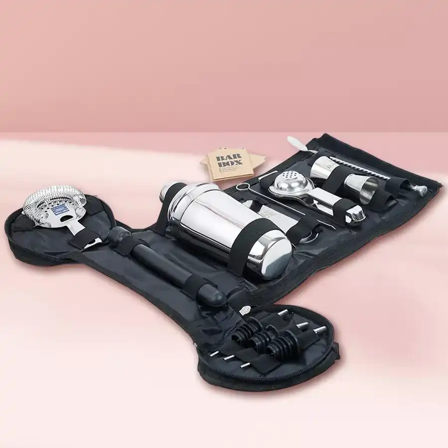Chic Portable Travel Bar Kit featuring a 14-piece mini bar liquor tool set in black canvas, perfect for travel and gifting.