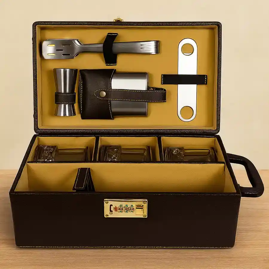 Ultimate Bar Accessories Gift Set featuring a hip flask, glasses, tong, and peg measurer, crafted from elegant wood for memorable gatherings.