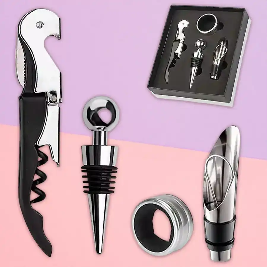 Essential Wine Opener Gift Set featuring a lever corkscrew, pourer, stopper, and drip ring, ideal for wine enthusiasts and gifting occasions.