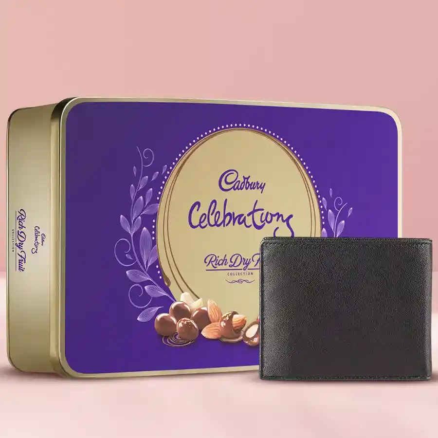 Luxe black leather wallet with multiple card slots and coin pocket, accompanied by Cadbury Rich Dry Fruits Chocolate Box (177 gms).