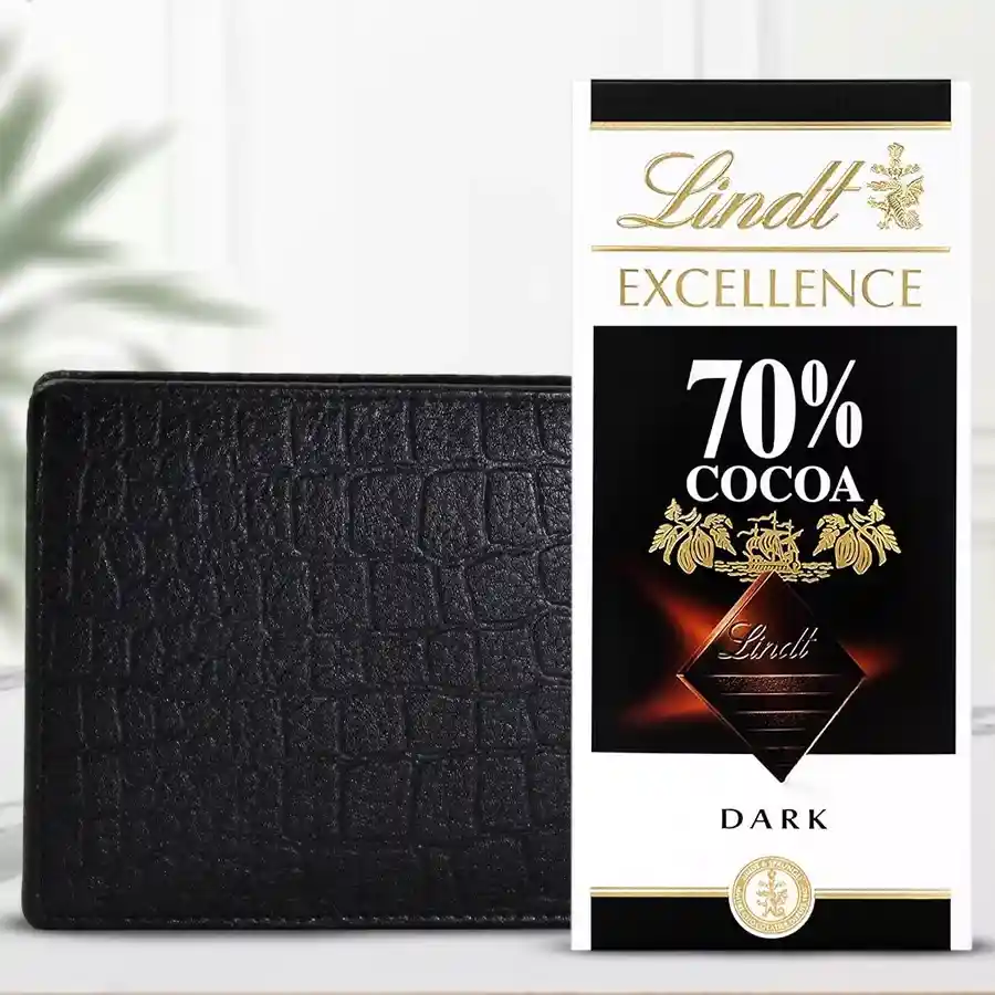 Impressive men's black leather wallet with Lindt chocolate bar.