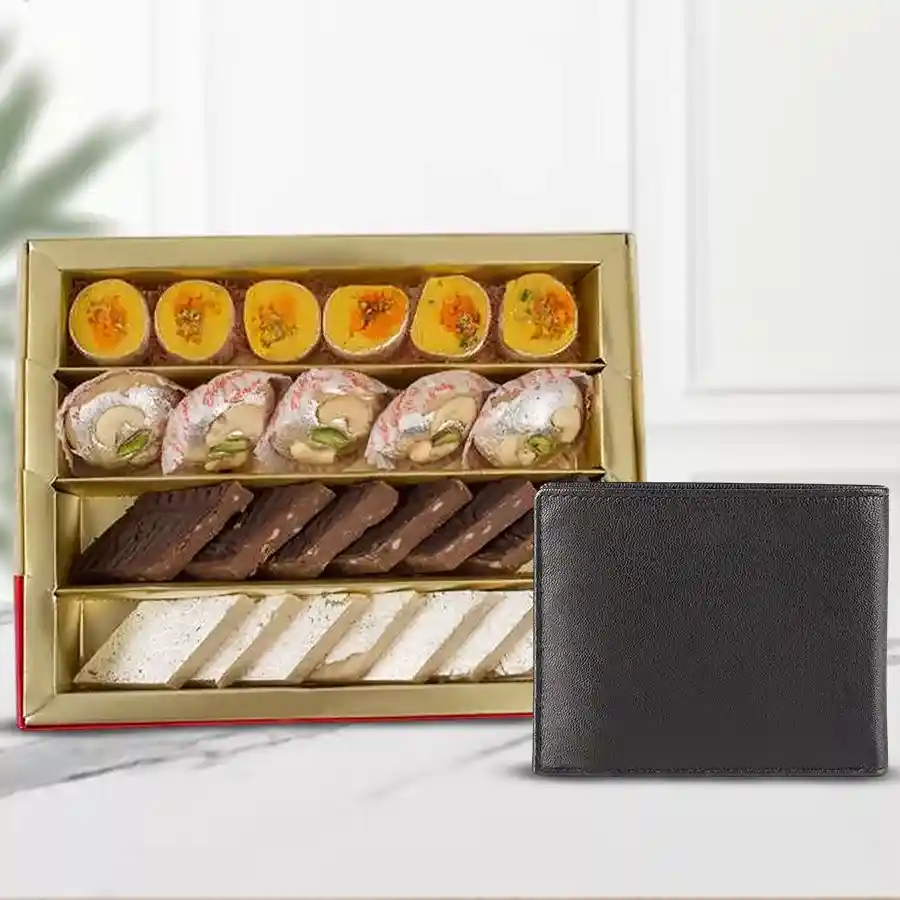 Sweets & Wallet Gift Set featuring Bhikaram Assorted Sweets and a Black Gents Leather Wallet with card slots and a coin pocket.
