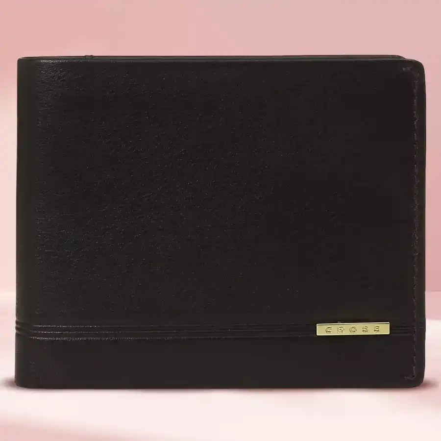Elegant black leather wallet for men by Cross, featuring six compartments and a coin pocket. Perfect for gifting or personal use.