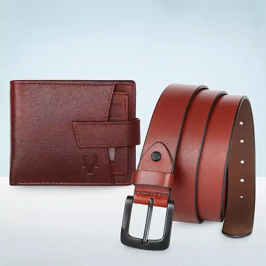 WildHorn Leather Mens Wallet in maroon and brown belt set, showcasing classic style and quality craftsmanship.