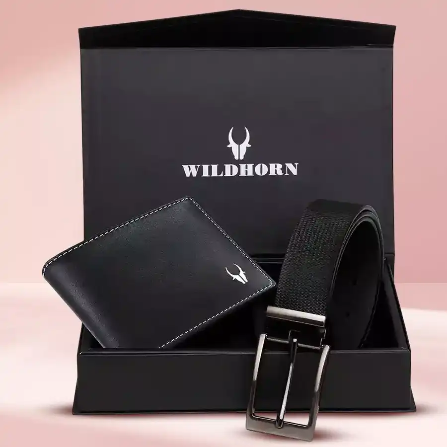 WildHorn Black Leather Mens Wallet and Formal Belt Set, stylishly presented in jade black leather, ideal for gifting and formal wear.