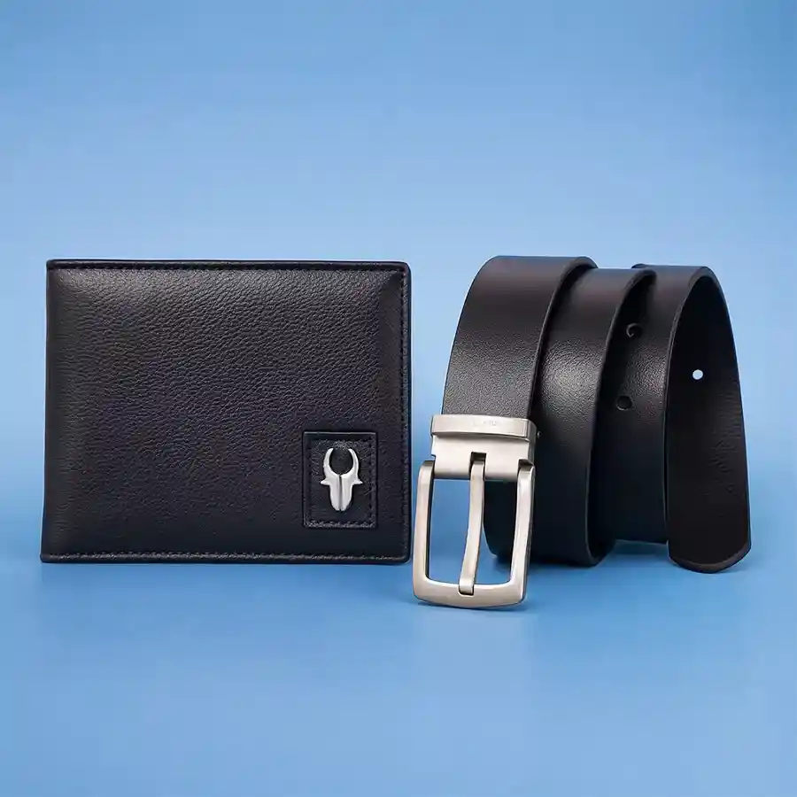 Impressionable WildHorn Black Leather Mens Wallet and Belt Set.