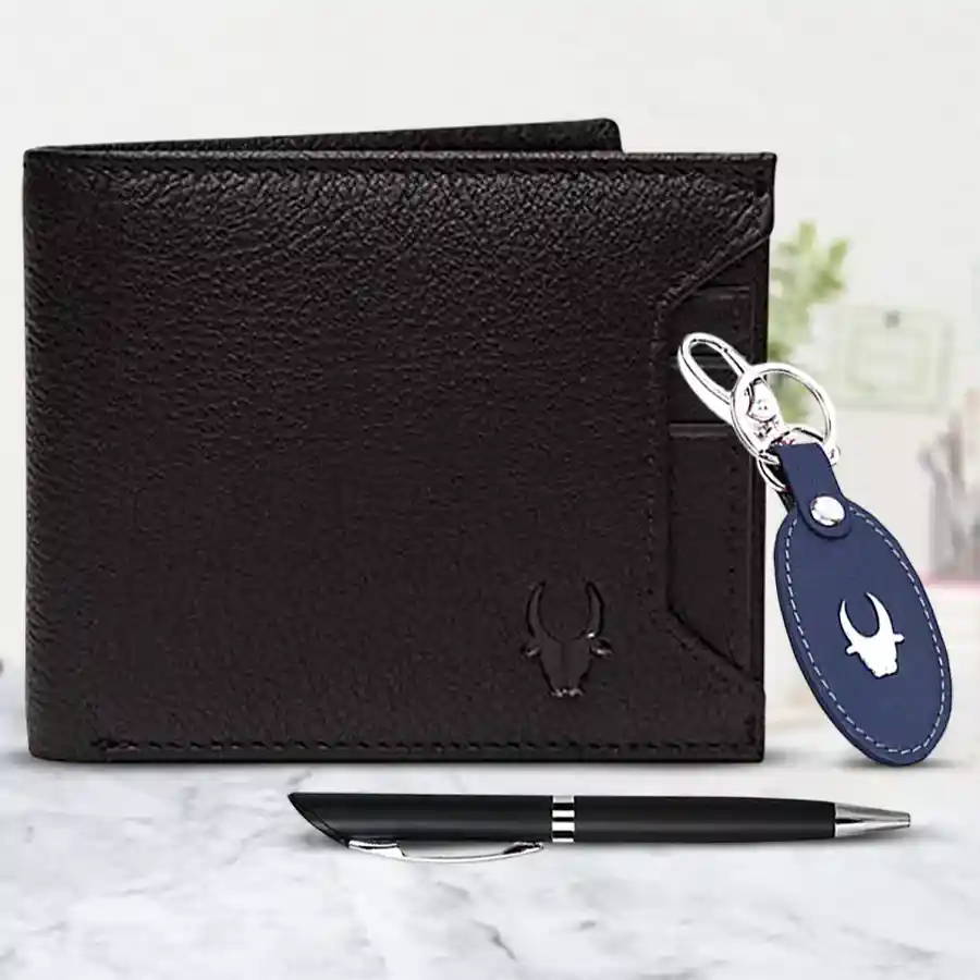 Outstanding WildHorn Mens Leather Wallet with Keychain and Pen Combo, featuring RFID protection in a contemporary multicolor design.